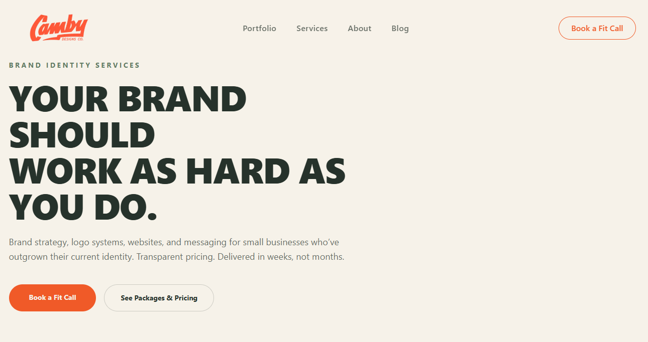 Camby Designs services page showing brand identity packages and pricing