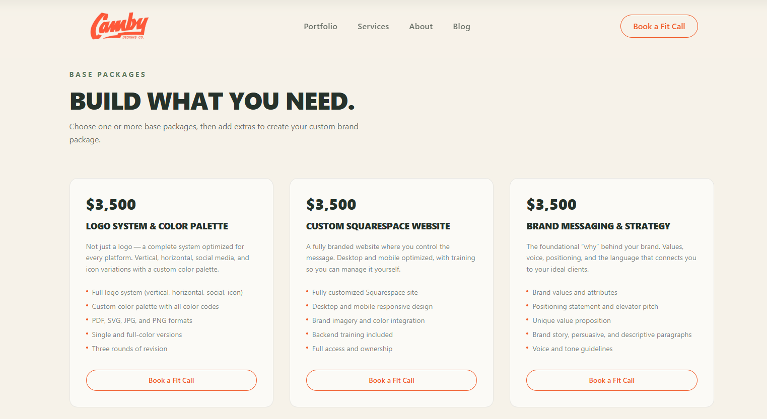 services page with pricing packages