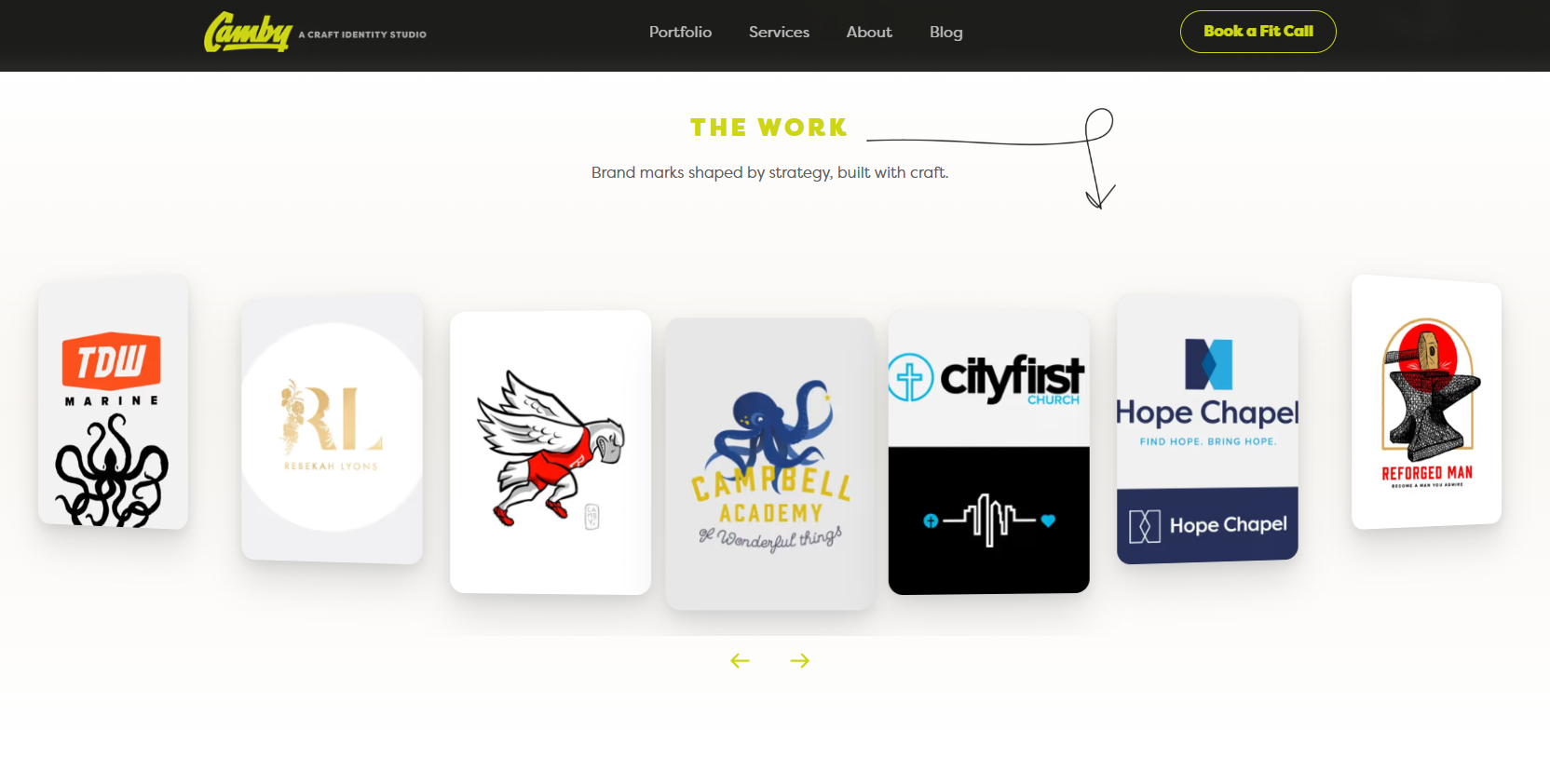 Camby Designs portfolio carousel showing logo work for clients including TNT, CityFest, and Rose Chapel on the cambydesigns.com homepage