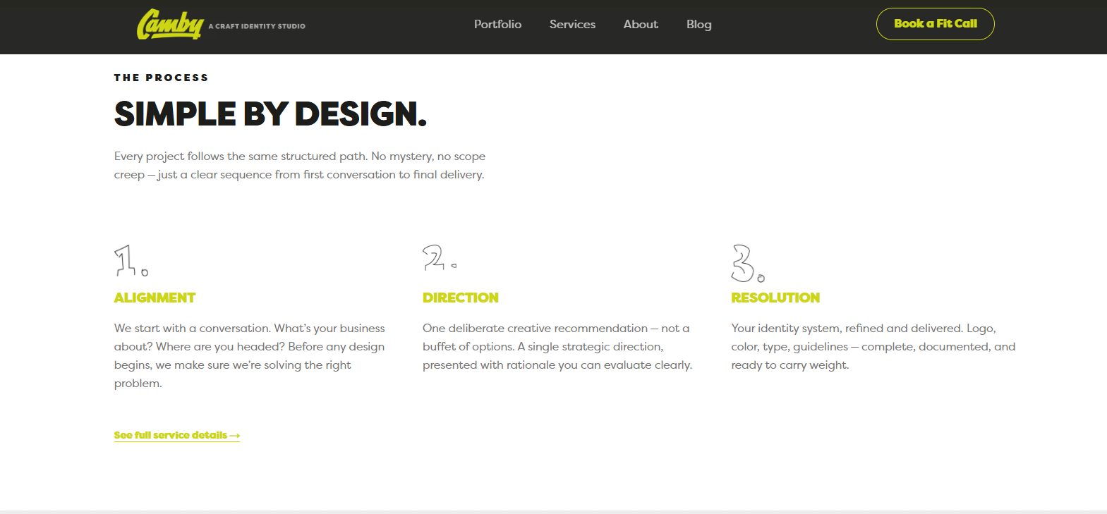 Camby Designs Simple by Design section featuring custom graphics and brand identity examples on a clean white layout